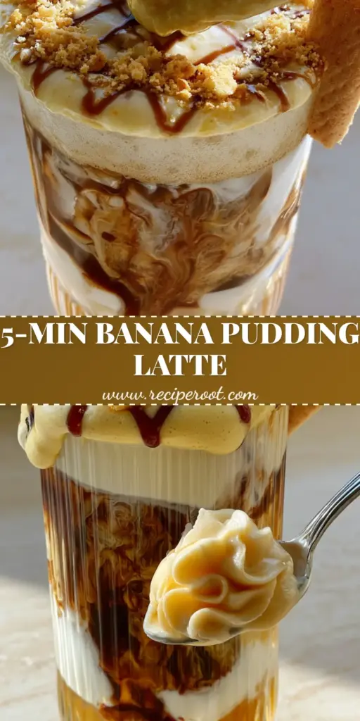 Banana Pudding Latte Recipe: The Ultimate Iced Dessert Coffee 4 A layered iced banana pudding latte in a ribbed glass with banana cold foam, caramel drizzle, and Nilla wafers on a stone countertop.