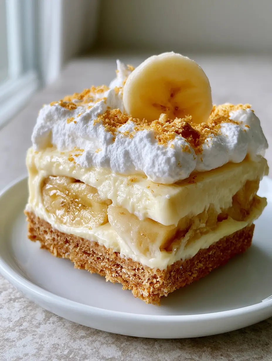 Banana Cream Bars: The Ultimate No-Bake Layered Dessert Recipe 3 Side-angle macro shot of a Banana Cream Bar being lifted, showing the buttery crust and thick banana coins inside the pale yellow custard.