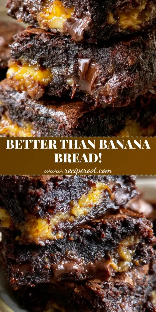 Banana Brownies: The Ultimate Fudgy Chocolate Banana Recipe 3 A tall stack of fudgy banana brownies with a crackly top, melting chocolate chunks, and sea salt flakes on a neutral plate.