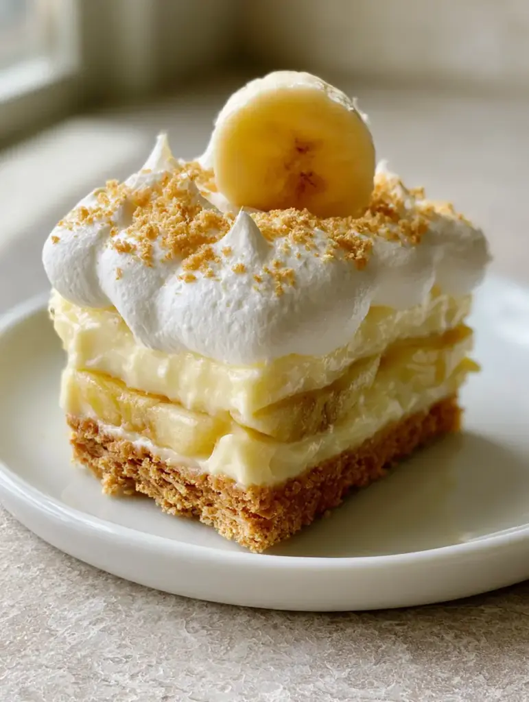 Banana Cream Bars: The Ultimate No-Bake Layered Dessert Recipe 1 Top-down view of Banana Cream Bars with whipped cream peaks and a light sprinkle of golden graham cracker dust garnish.