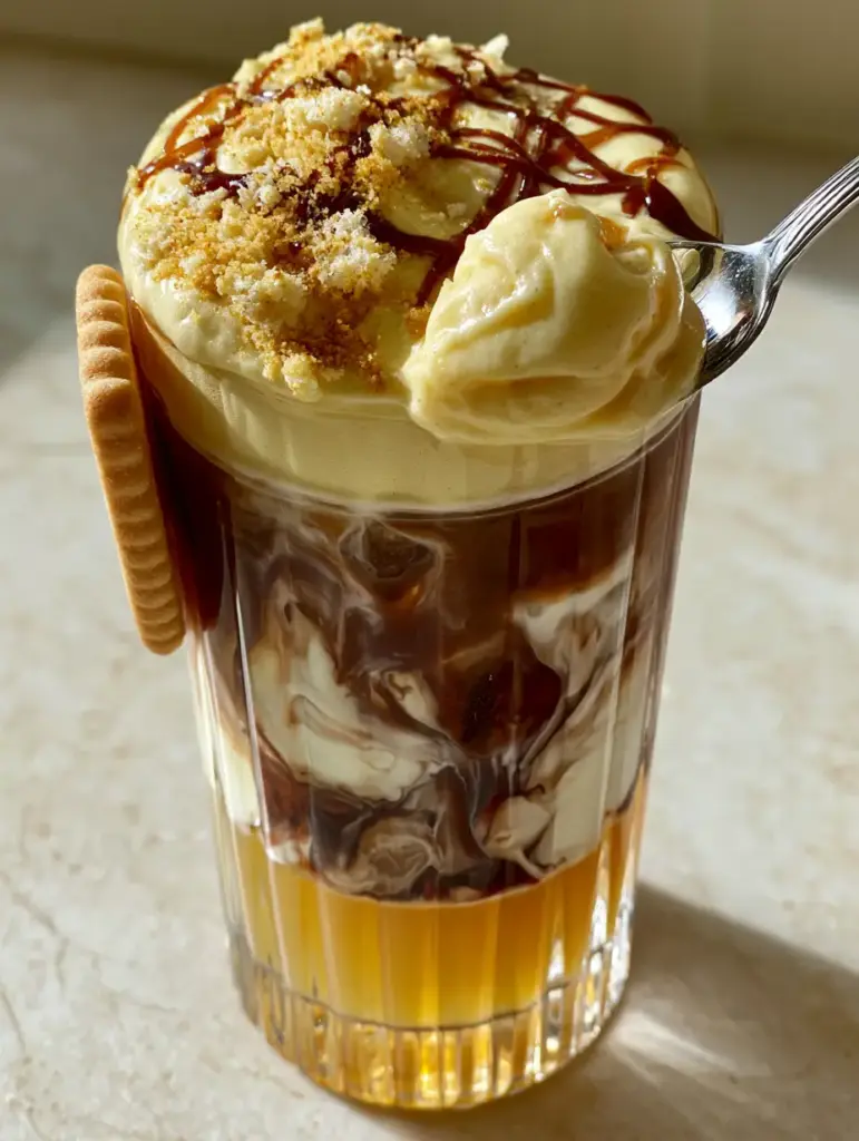 Banana Pudding Latte Recipe: The Ultimate Iced Dessert Coffee 2 Close-up of a silver spoon scooping thick banana cream cold foam from a banana pudding latte.