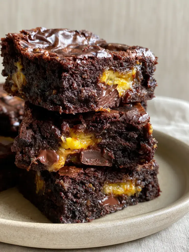 Banana Brownies: The Ultimate Fudgy Chocolate Banana Recipe 2 Close-up of banana brownies showing the moist chocolate crumb and visible ribbons of golden banana.
