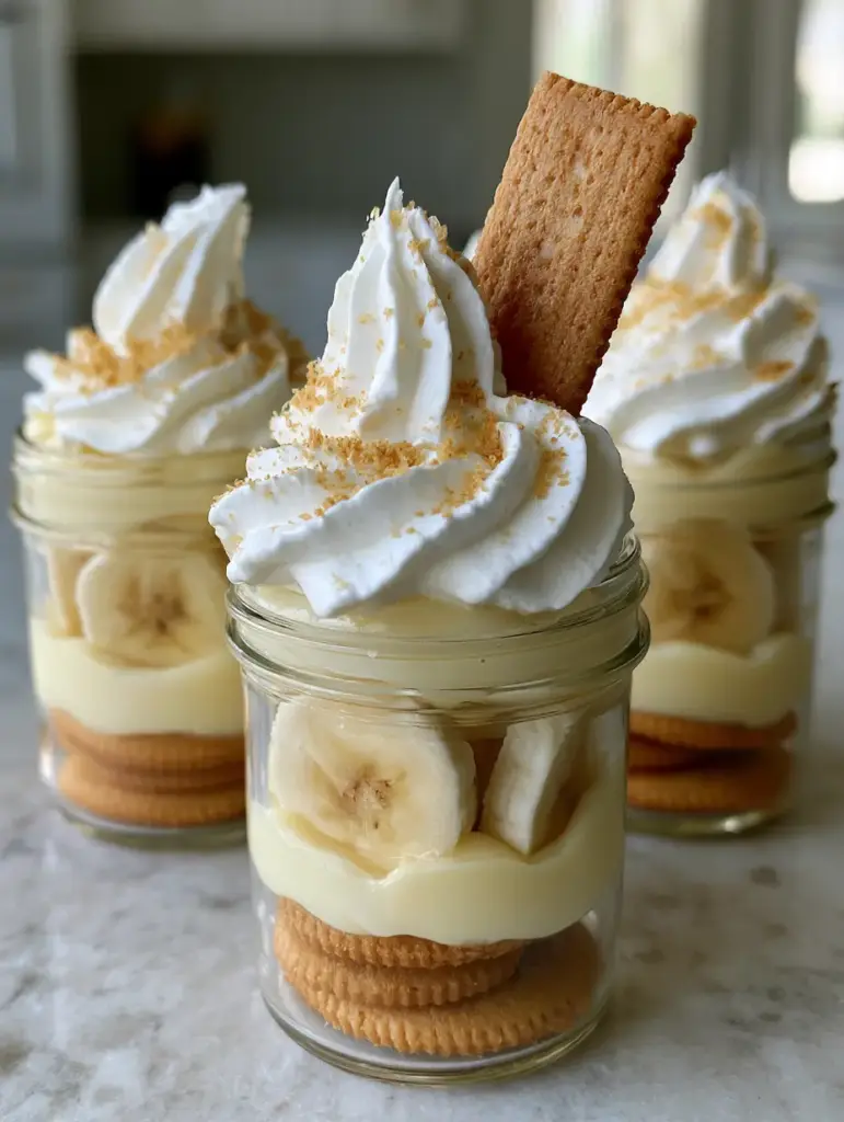 Nilla Wafer Banana Pudding Cups: The Ultimate Individual Layered Dessert 1 Airy white whipped cream peaks topped with cookie dust and a wafer at 45 degrees. (nilla wafer banana pudding cups)
