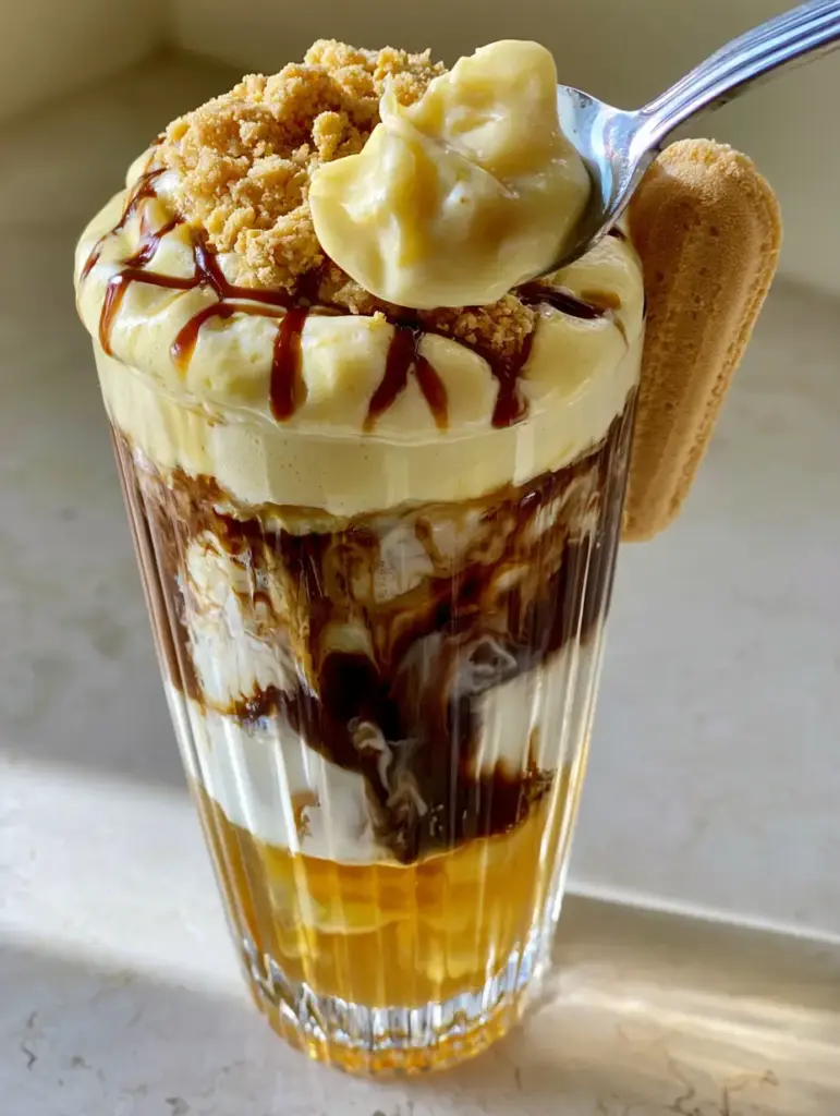 Banana Pudding Latte Recipe: The Ultimate Iced Dessert Coffee 1 A handheld photo of a marbled banana pudding latte with golden syrup at the base and dark espresso swirls.