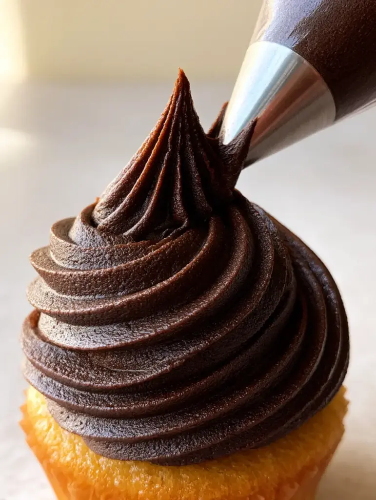 Chocolate Buttercream Frosting: The Ultimate Dark Fudgy Recipe 2 Close-up of a metal star tip piping thick chocolate buttercream frosting with matte fudgy texture.