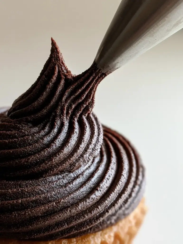 Chocolate Buttercream Frosting: The Ultimate Dark Fudgy Recipe 1 Handheld photo showing the smooth, velvety peaks of dark chocolate frosting dusted with cocoa.