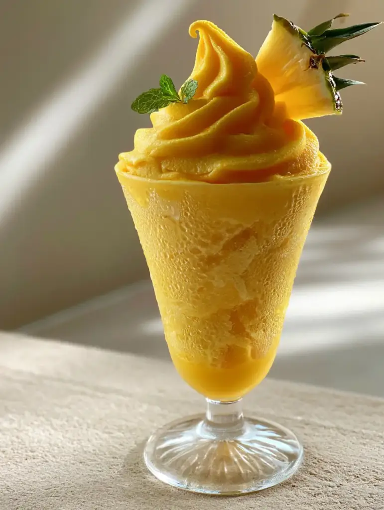 Dole Whip slush: The Ultimate 3-Ingredient Pineapple Refreshment 1 A tall fluted glass filled with smooth pineapple Dole Whip slush sitting on a neutral stone surface.
