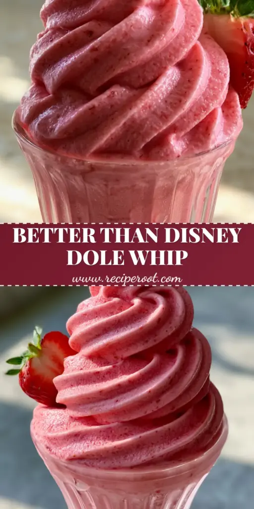 Strawberry Dole Whip: The Ultimate 3-Ingredient Vegan Soft Serve 3 A towering spiral swirl of bright pink Strawberry Dole Whip in a ribbed glass with a fresh strawberry garnish.