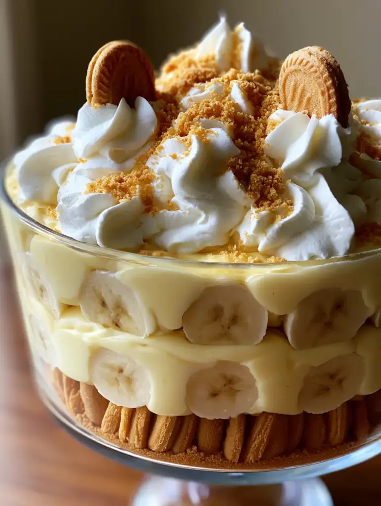 Banana Pudding: The Ultimate Thick and Creamy Southern Trifle Recipe 1 The top of the banana pudding trifle featuring stiff peaks of whipped cream, tucked vanilla wafers, and a sprinkle of golden crumbs.