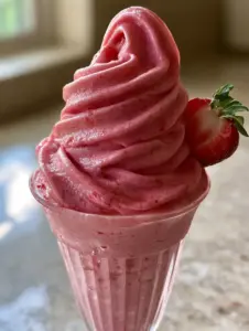 Side view of a Strawberry Dole Whip in an elegant glass showing velvety texture and strawberry seeds.