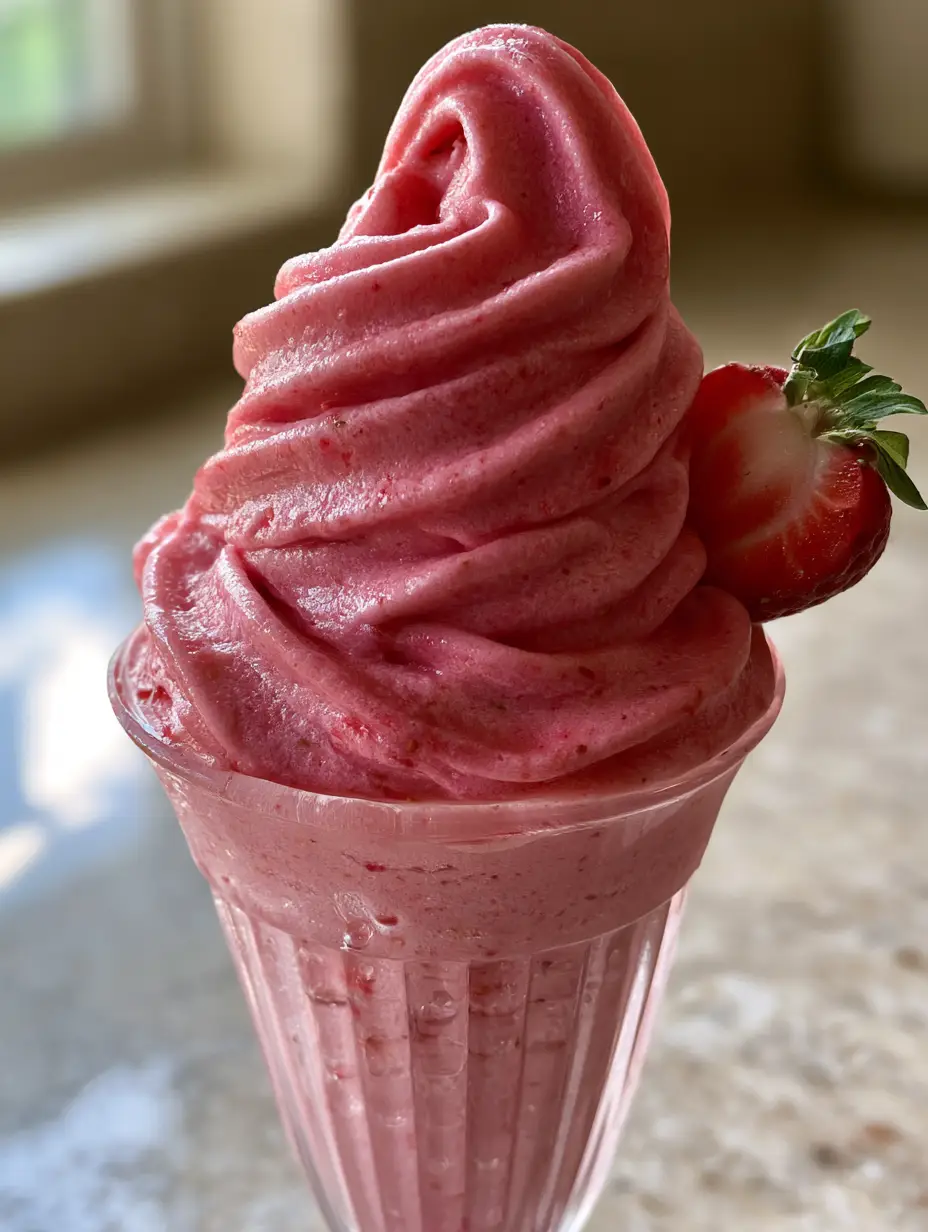 Strawberry Dole Whip: The Ultimate 3-Ingredient Vegan Soft Serve 4 Side view of a Strawberry Dole Whip in an elegant glass showing velvety texture and strawberry seeds.