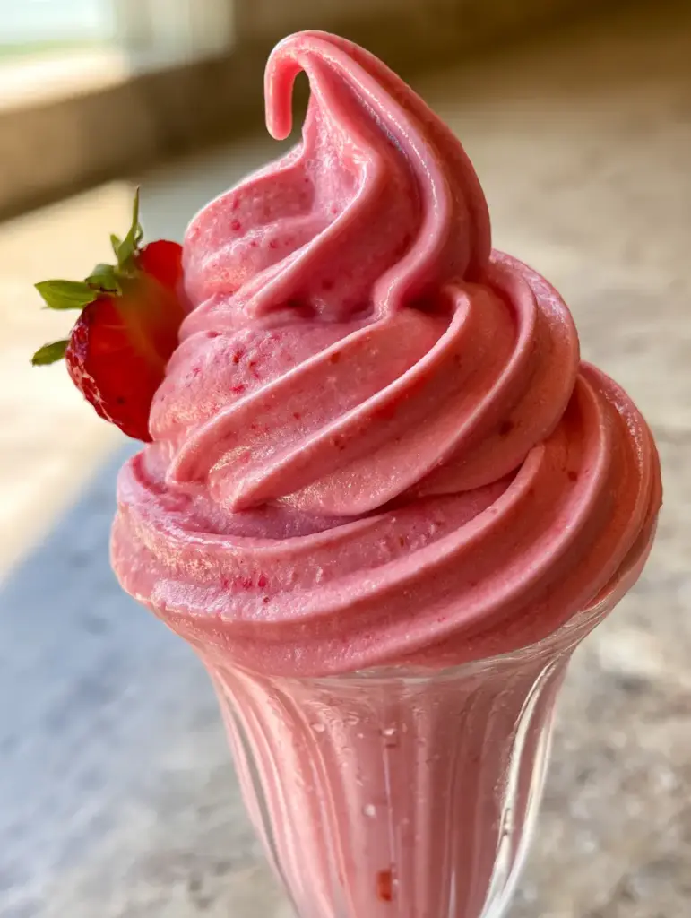 Strawberry Dole Whip: The Ultimate 3-Ingredient Vegan Soft Serve 1 Handheld photo of a Strawberry Dole Whip on a stone countertop bathed in afternoon sunlight.