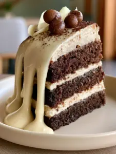 Macro shot of a White Chocolate Mocha Cake slice on a ceramic plate, featuring espresso beans and white chocolate curls garnish.