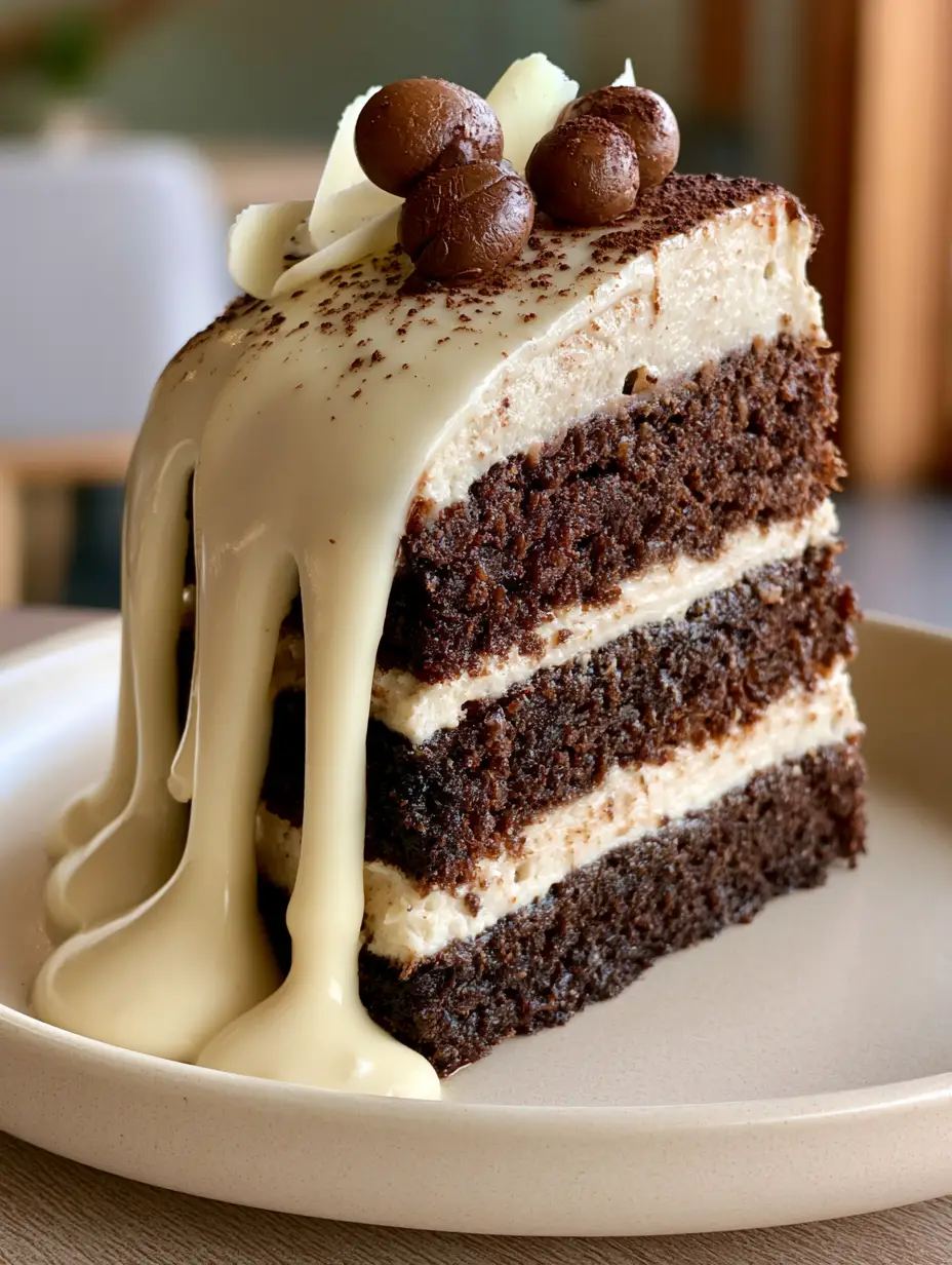 White Chocolate Mocha Cake: The Ultimate Espresso Layer Cake 3 Macro shot of a White Chocolate Mocha Cake slice on a ceramic plate, featuring espresso beans and white chocolate curls garnish.