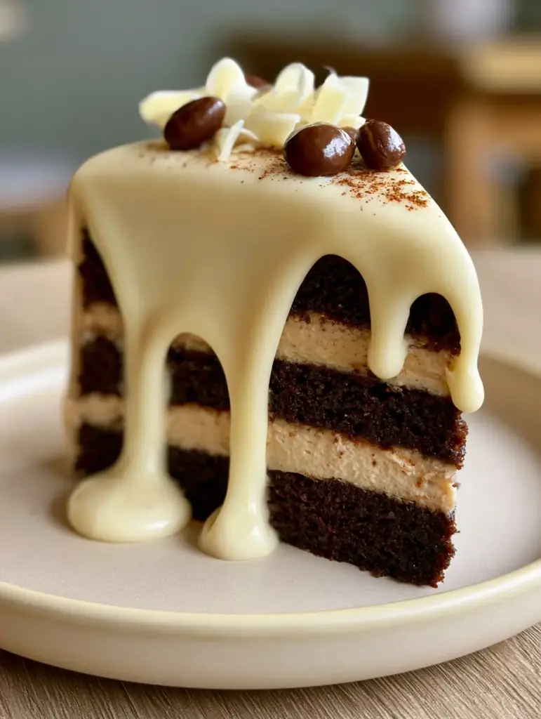 White Chocolate Mocha Cake: The Ultimate Espresso Layer Cake 1 Close-up of the thick white chocolate ganache drip cascading down the side of a mocha layer cake.