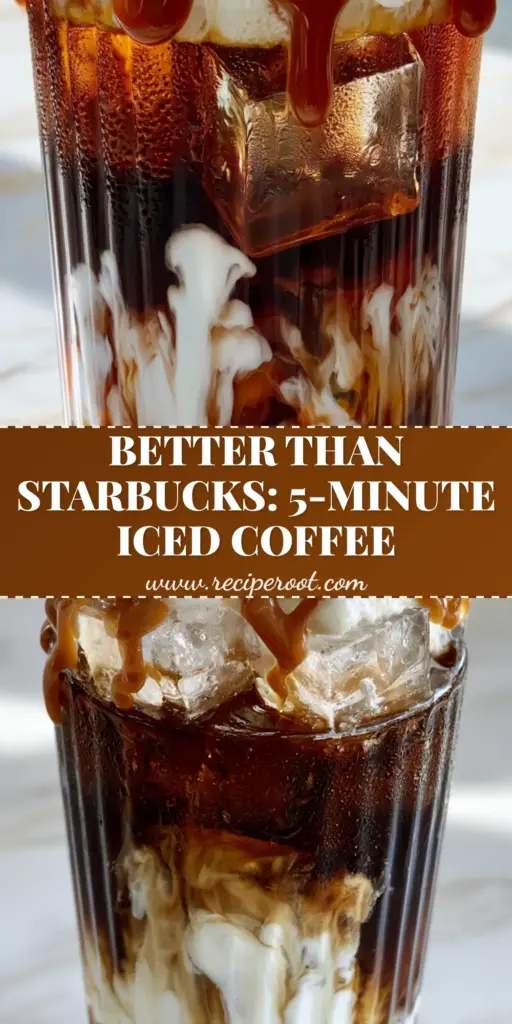 A handheld smartphone photo of a tall ribbed glass filled with caramel iced coffee, featuring thick amber caramel drizzle and vanilla cold foam.
