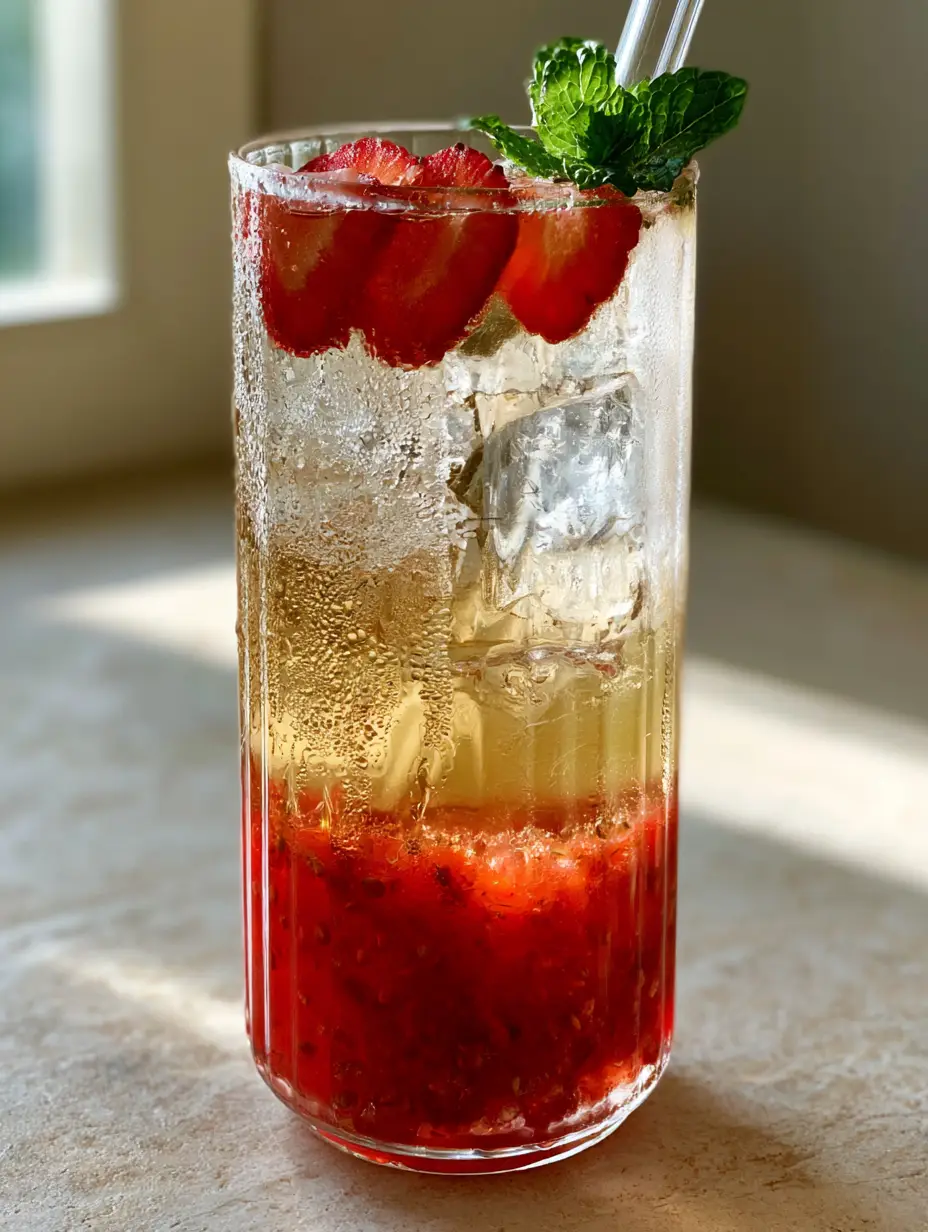 Strawberry Green Tea: The Ultimate Layered Iced Refreshment Recipe 3 Side view of a ribbed glass showing the thick crimson strawberry base and clear ice cubes. (strawberry green tea)