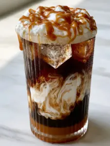 Close up of caramel iced coffee showing distinct white and brown cream plumes in a ribbed glass.