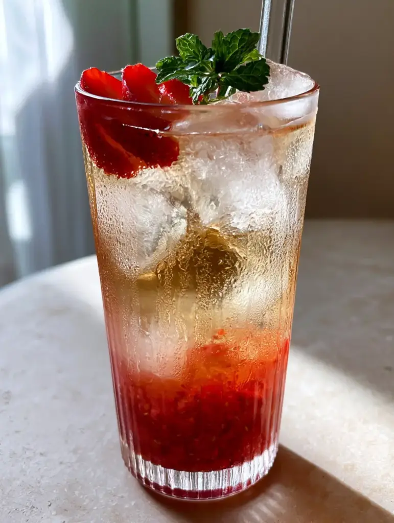 Strawberry Green Tea: The Ultimate Layered Iced Refreshment Recipe 1 Close up of strawberry green tea with mint garnish and condensation on the glass.