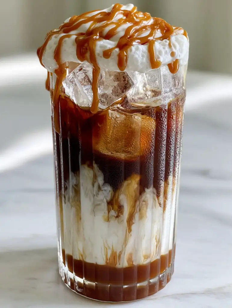 Caramel iced coffee topped with a thick layer of vanilla cold foam and glossy caramel drizzle.