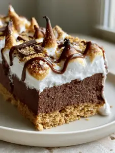 A macro handheld photo of a sliced s’mores cheesecake bar with gooey marshmallow stretch.