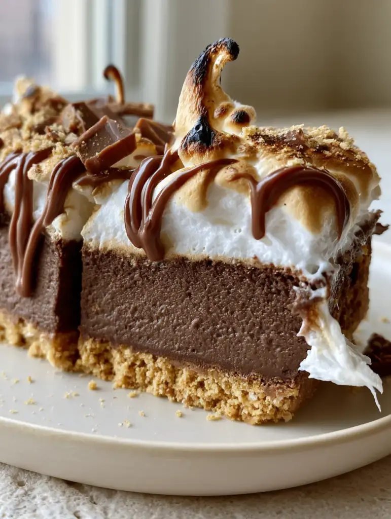 s’mores cheesecake: The Ultimate Decadent Marshmallow Dessert 1 Sliced s’mores cheesecake bars on a ceramic plate featuring melted milk chocolate drizzle and chocolate shards.