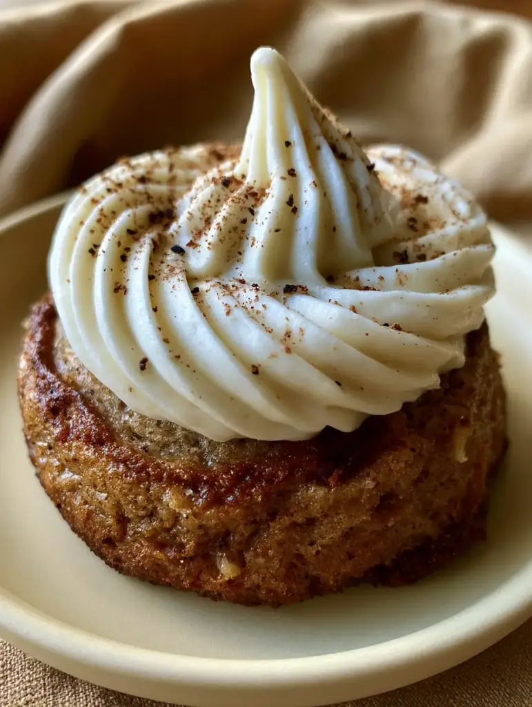 A close-up of the thick piped cream cheese frosting with deep ridges on a Banana Spice Cookie.