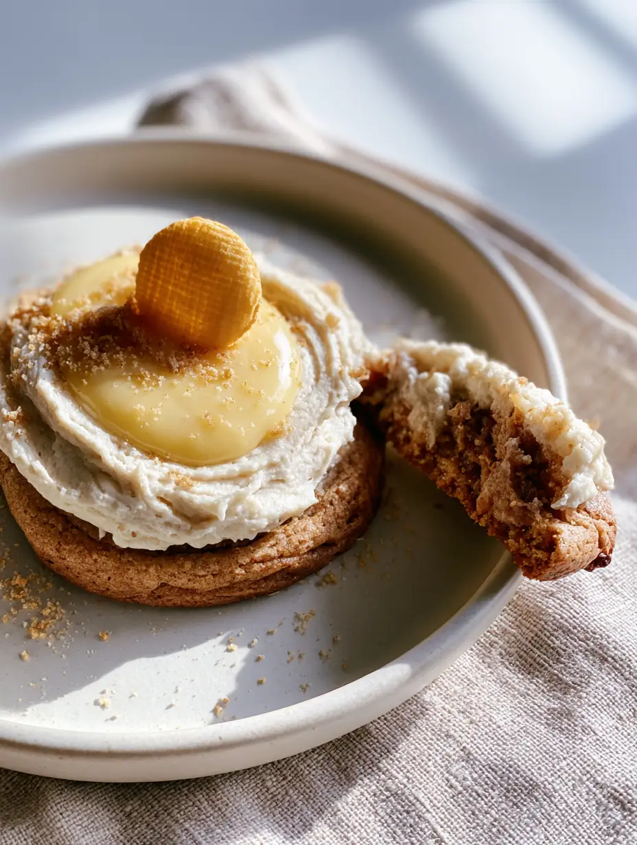 banana cream pie cookies: The Ultimate Thick and Fudgy Gourmet Recipe 5 Close-up high-angle shot of a thick banana cream pie cookie with a fudgy center and velvet frosting. (banana cream pie cookies)