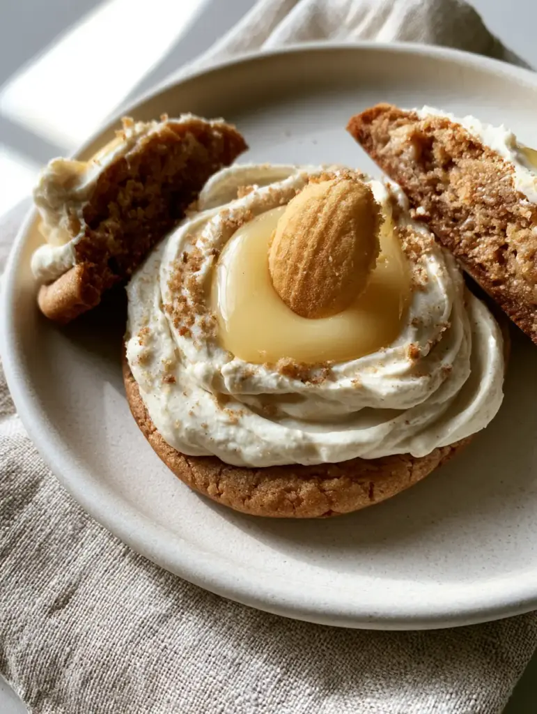 banana cream pie cookies: The Ultimate Thick and Fudgy Gourmet Recipe 1 A close-up of a broken banana cream pie cookie revealing a moist fudgy center and thick frosting layers.