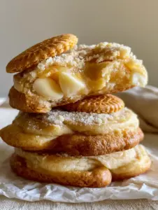 Macro close-up of a broken banana cream pudding cookie revealing a dense gooey golden center with melted white chocolate.