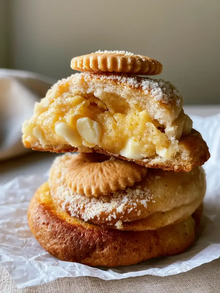 Banana Cream Pudding Cookies: The Ultimate Soft-Baked Bakery Recipe 1 A stack of golden-tan banana cream pudding cookies topped with whole Nilla Wafers and crumbs on white parchment.