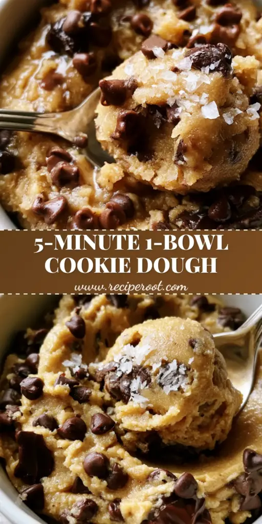 Chocolate Chip Cookie Dough: The Ultimate Safe-to-Eat Edible Treat 4 A close-up shot of creamy chocolate chip cookie dough in a white bowl with a silver spoon lifting a scoop, topped with flaky sea salt.