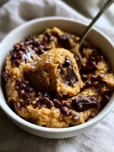 A handheld macro photo of thick chocolate chip cookie dough featuring mini chips and dark chocolate chunks in a ceramic bowl.