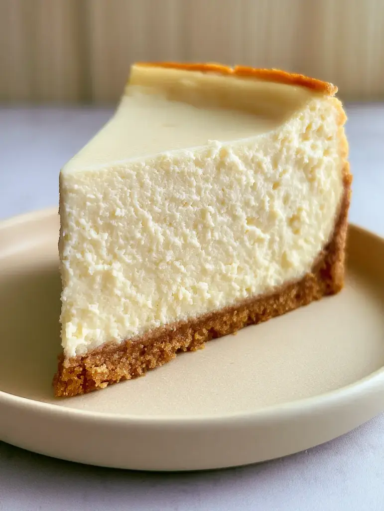 New York Cheesecake Recipe: The Ultimate Dense and Velvety Guide 2 Macro handheld photo of a New York cheesecake slice highlighting the thick buttery graham cracker crust and smooth ivory texture. (New York cheesecake recipe)