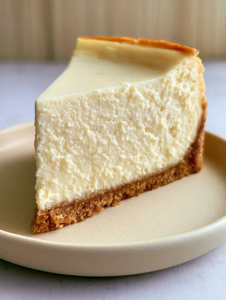 New York Cheesecake Recipe: The Ultimate Dense and Velvety Guide 3 Macro handheld photo of a New York cheesecake slice highlighting the thick buttery graham cracker crust and smooth ivory texture. (New York cheesecake recipe)