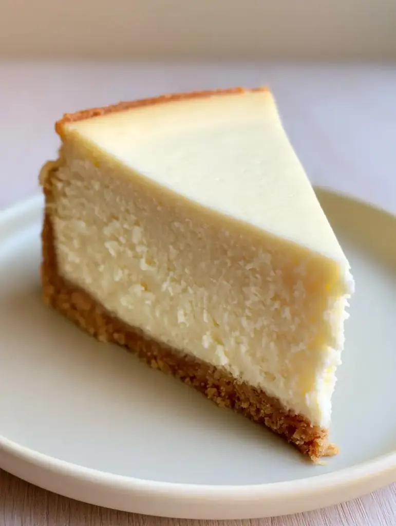 New York Cheesecake Recipe: The Ultimate Dense and Velvety Guide 1 Close up of the crack-free matte top and toasted golden-brown back edge of a New York cheesecake. (New York cheesecake recipe)