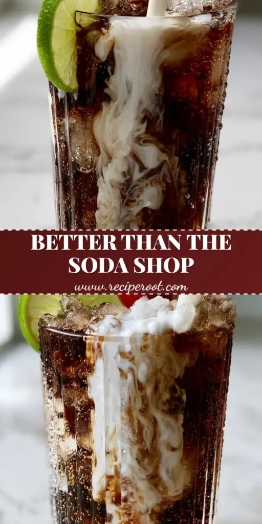 Dr Pepper Dirty Soda: The Ultimate Creamy Coconut Mocktail Recipe 4 A close-up of a Dr Pepper dirty soda in a ribbed glass with marbled coconut creamer swirls, pebble ice, a lime wedge, and a cherry on top.