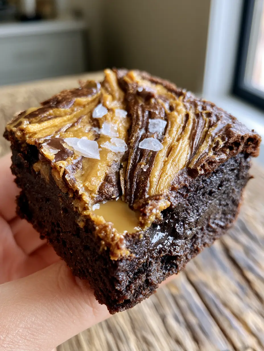 Peanut Butter Brownies with a Fudgy Center and Crinkle Top 4 Extreme macro close-up of a hand holding a thick square peanut butter brownie with visible moisture and creamy ribbons. (peanut butter brownies)