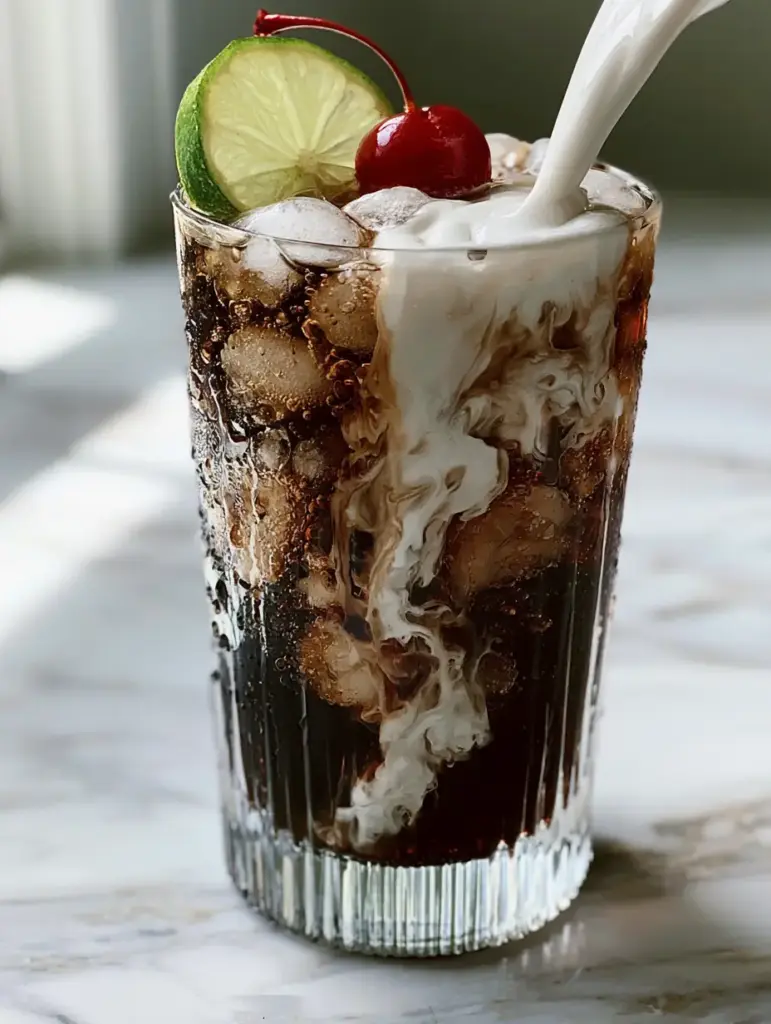 Dr Pepper Dirty Soda: The Ultimate Creamy Coconut Mocktail Recipe 1 Top view of a Dr Pepper dirty soda glass showing pebble ice, a fresh lime wheel, and a glossy red maraschino cherry.