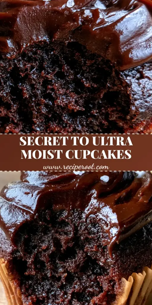 Moist Chocolate Cupcakes with Glossy Ganache and Sea Salt 3 A close-up of a Moist Chocolate Cupcake with a bite taken out, showing a steaming porous interior and glossy ganache topping with flaky sea salt.