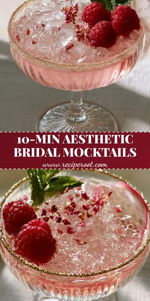 Bridal Shower Mocktails: Sparkling Raspberry Blush with Gold Sugar Rim 4 A sophisticated blush pink Bridal Shower Mocktail in a gold-rimmed glass with mint and raspberries. (Bridal Shower Mocktails)