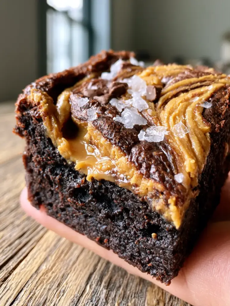 Peanut Butter Brownies with a Fudgy Center and Crinkle Top 1 A single thick square brownie held over a rustic wooden table showing pools of melted peanut butter in the crevices.