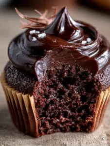 Macro view of a Moist Chocolate Cupcake mahogany sponge with visible air pockets and glossy chocolate ganache.