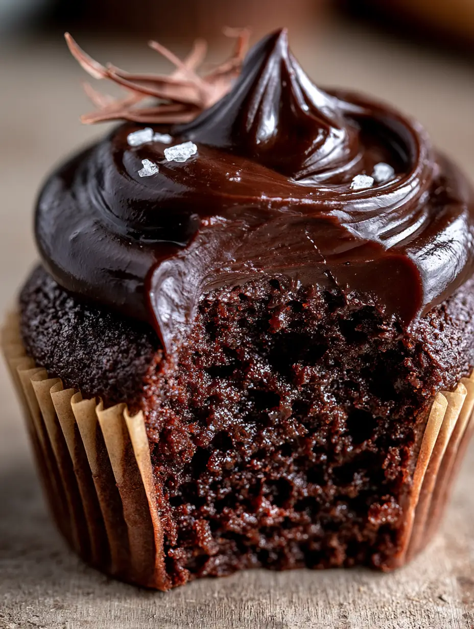 Moist Chocolate Cupcakes with Glossy Ganache and Sea Salt 4 Macro view of a Moist Chocolate Cupcake mahogany sponge with visible air pockets and glossy chocolate ganache.