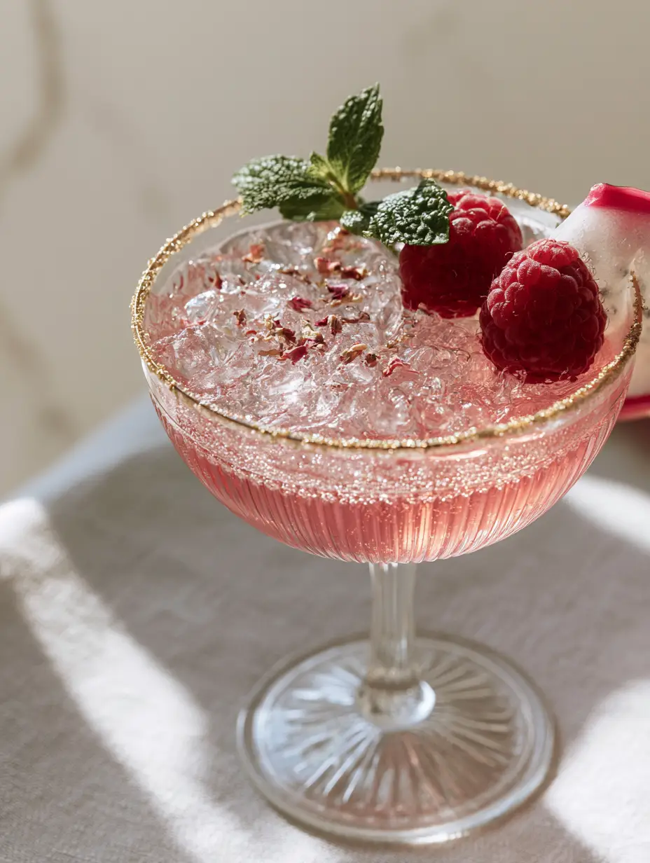 Bridal Shower Mocktails: Sparkling Raspberry Blush with Gold Sugar Rim 3 A close up of a pink mocktail in a ribbed glass showing effervescent bubbles and gold sugar rim. (Bridal Shower Mocktails)