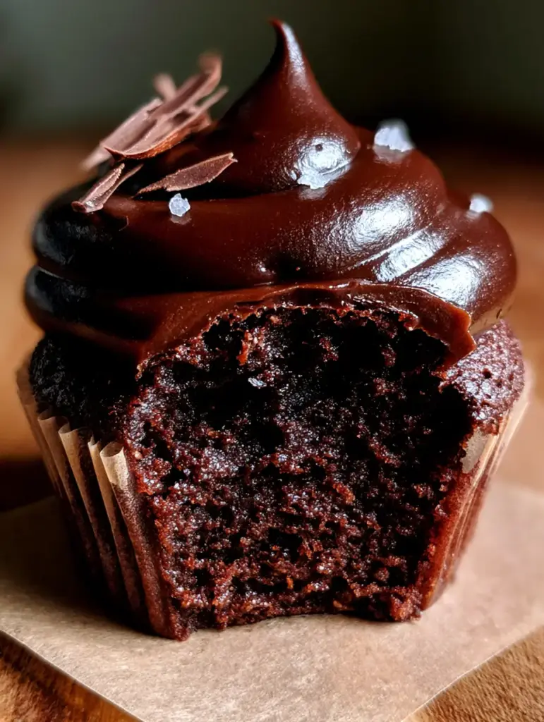 Moist Chocolate Cupcakes with Glossy Ganache and Sea Salt 1 Close-up of a dark chocolate cupcake in an unbleached paper liner with glossy chocolate ganache and sea salt grains.