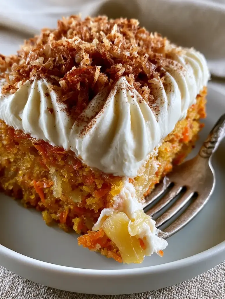 Hawaiian Carrot Pineapple Cake: The Ultimate Tropical Spice Cake Recipe 1 High-angle shot of thick cream cheese frosting ridges topped with toasted coconut on a Hawaiian Carrot Pineapple Cake.