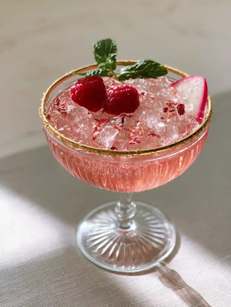 Bridal Shower Mocktails: Sparkling Raspberry Blush with Gold Sugar Rim 1 A stylish bridal mocktail garnished with rose petals, mint, and dragon fruit on a linen surface.