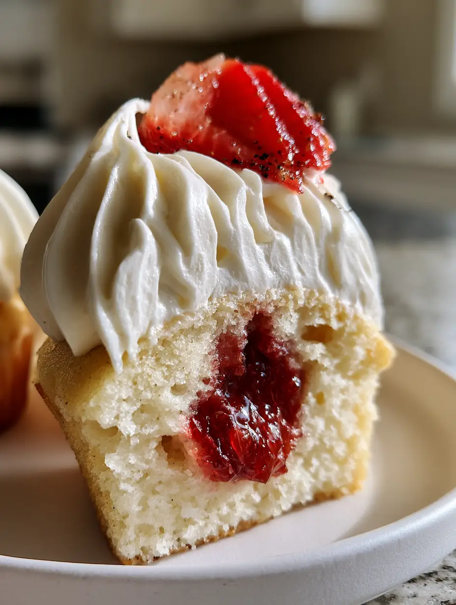 berries and cream cupcakes with Vanilla Bean and Fresh Strawberries 3 A gourmet vanilla bean cupcake sliced in half to show the glistening red strawberry jam center and porous crumb. (berries and cream cupcakes)