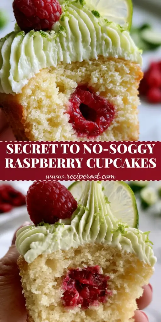 Raspberry Lime Cupcakes with a Fresh Raspberry Center 3 A tall Raspberry Lime Cupcake with an architectural lime buttercream swirl, a fresh raspberry on top, and a paper-thin lime wheel garnish.